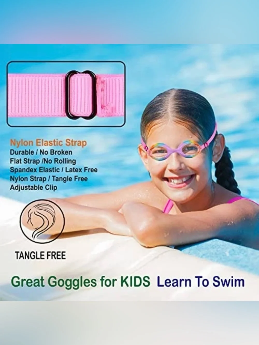 Kids Swim Goggles Age 3-8 Jr Rainbow Unicorn Case No Hair Pull Anti-Fog UV New